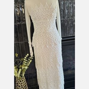 Nicole Bakti Ivory White Long Sleeve Maxi Skirt and Top Illusion Lace
